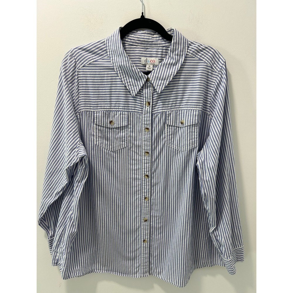 Denim & Co Womens 1X Blue White Striped Button Down Shirt Roll Tab Cotton Top